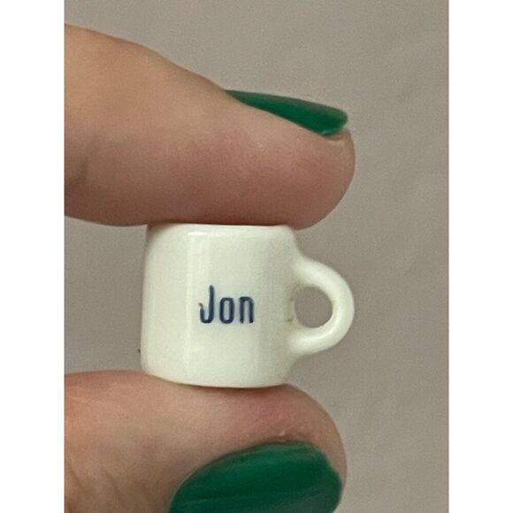 Vintage Miniature White Ceramic Coffee Mug With name Jon Spell Out Dollhouse - Picture 4 of 5